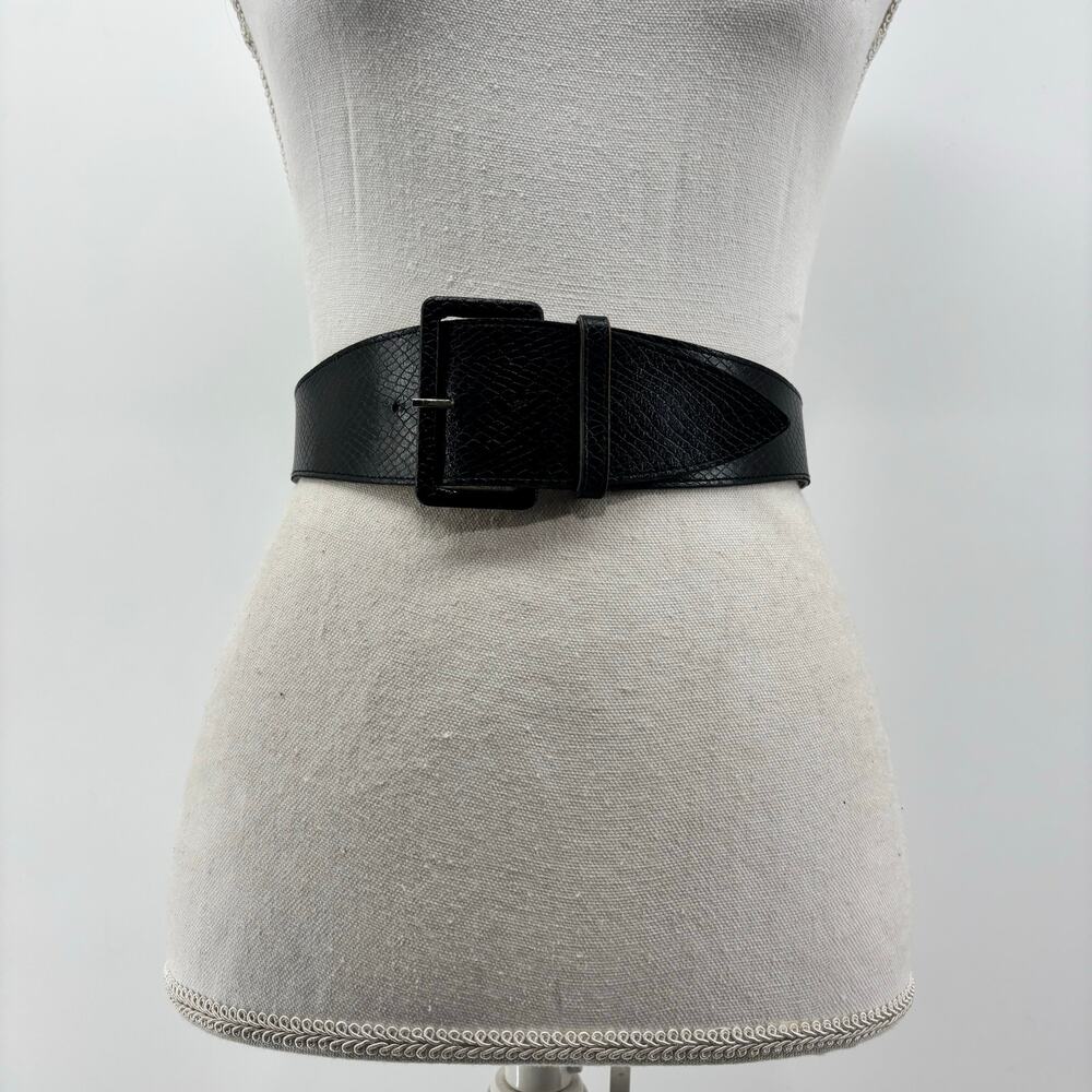 Vintage Women's Small Black Faux Leather Belt Snakeskin Texture Statement Buckle
